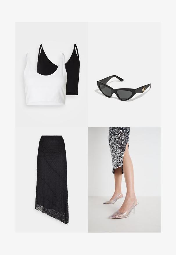 Dvě bavlněné crop topy v bílé a černé barvě. Každý má hluboký výstřih a tenké ramínka, s hladkou, měkkou texturou.; Černý krajkový top s odhalenými rameny, dlouhými zvonovými rukávy a vlnitými okraji. Texturovaný květinový vzor po celém povrchu.; ONLY ONLKIM LACE SKIRT - Maxi sukně - black; Žena ve stříbrných síťovaných botách na podpatku se zlacenými cvočky, oblečená v černých a stříbrných flitrových šatech se švem po straně, stojí na bílém podlaze.; Sunglasses ve tvaru kočičích očí s matným černým plastovým rámem, tmavými skly a zlatým logem na stranu. Úhlový design a hladká textura.