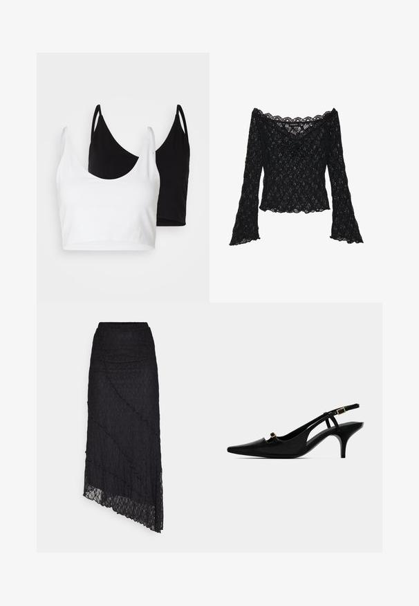 Two cotton crop tops in white and black. Each has a deep neckline and thin shoulder straps, featuring a smooth, soft texture.; Black lace top with off-the-shoulder neckline, long bell sleeves, and scalloped edges. Textured floral pattern throughout.; ONLY ONLKIM LACE SKIRT - Maxi skirt - black; Black pointed-toe slingback pump with low curved heel and small gold buckle on front strap and ankle strap.