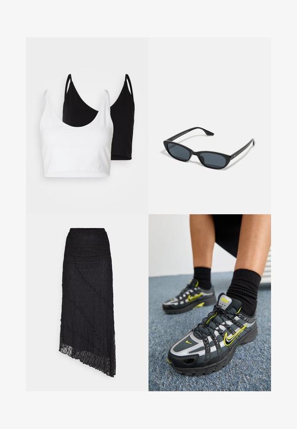 Dois tops de algodão em branco e preto. Cada um tem um decote profundo e alças finas, apresentando uma textura suave e macia.; Top de renda preta com decote à mostra dos ombros, mangas longas em forma de sino e bordas assimétricas. Padrão floral texturizado por toda a peça.; ONLY ONLKIM LACE SKIRT - Saia comprida - black; Sapatos de desporto pretos e cinzas com detalhes em prata refletora, painéis de malha texturizada e pormenores amarelos vivos. Design com atacadores e sola estruturada.; Óculos de sol preto em formato de olhos de gato com lentes escuras, armação de plástico, hastes finas e uma branding subtil na parte interna da haste. Acabamento mate.