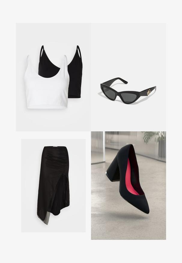 Två bomullstopp i vitt och svart. Varje topp har en djup krage och tunna axelband, med en slät och mjuk textur.; Svart spetsblus med avskuren axel, långa trumpetärmar och vågiga kanter. Strukturerad blommönster genom hela plagget.; Svart asymmetrisk kjol gjord av lätt, genomskinligt tyg, med rynkade detaljer på sidan och en hög slits för ökad rörelse.; Svart högklackad sko med spetsig tå, texturerad yta och en livlig rosa inredning. Har en kraftig klack med silverdetaljer.; Kattögon-solglasögon med en matt svart plastbåge, mörka linser och en guldlogotyp som accent på skalmen. Vinklad design och jämn yta.