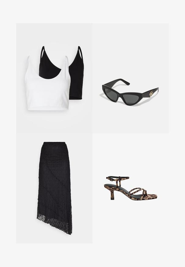 Dvě bavlněné crop topy v bílé a černé barvě. Každý má hluboký výstřih a tenké ramínka, s hladkou, měkkou texturou.; Černý krajkový top s odhalenými rameny, dlouhými zvonovými rukávy a vlnitými okraji. Texturovaný květinový vzor po celém povrchu.; ONLY ONLKIM LACE SKIRT - Maxi sukně - black; Sandály na podpatku s leopardím vzorem, čtveratou špičkou, více popruhy a středně vysokým podpatkem. Vyrobeno z měkkého textilního materiálu.; Sunglasses ve tvaru kočičích očí s matným černým plastovým rámem, tmavými skly a zlatým logem na stranu. Úhlový design a hladká textura.