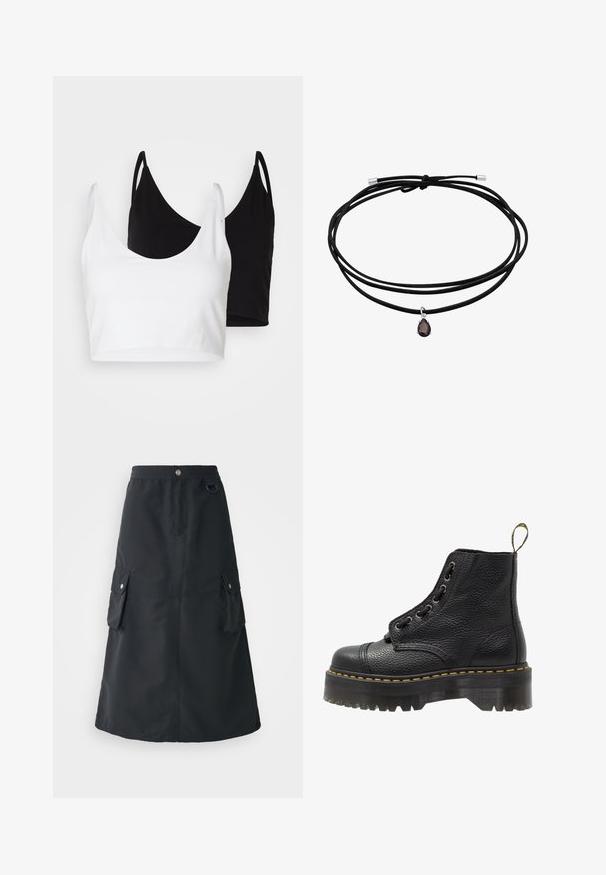 Two cotton crop tops in white and black. Each has a deep neckline and thin shoulder straps, featuring a smooth, soft texture.; Black lace top with off-the-shoulder neckline, long bell sleeves, and scalloped edges. Textured floral pattern throughout.; Black mid-calf skirt made of lightweight fabric, featuring an elastic waistband, two cargo pockets, and a subtle sheen.; Black leather ankle boot with textured surface, round toe, lace-up design, yellow stitching, and a thick, ridged black platform sole.; Black cord necklace with three strands and a teardrop-shaped dark gemstone pendant, secured with metallic clasp accents.