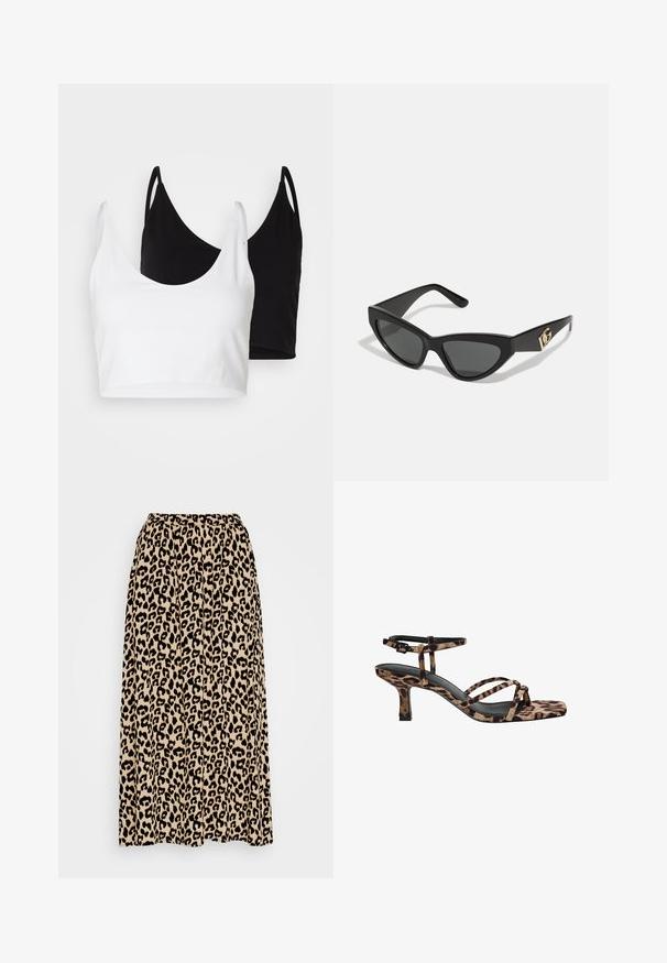 Twee katoenen crop tops in wit en zwart. Elke top heeft een diepe halslijn en dunne schouderbandjes, met een gladde, zachte textuur.; Zwarte kanten top met een off-the-shoulder halslijn, lange klokmouwen en gekartelde randen. Geweven bloemenpatroon overal.; Leopardprint midi rok in beige en zwart. Heeft een elastische tailleband en een geplooide ontwerp voor extra beweging en pasvorm.; Luipaardprint hakken met een vierkante neus, meerdere bandjes en een middelhoge hak. Gemaakt van zacht textielmateriaal.; Cat-eye zonnebrillen met een matte zwart plastic frame, donkere lenzen en een gouden logo-accent op de poot. Hoekig ontwerp en een soepele textuur.
