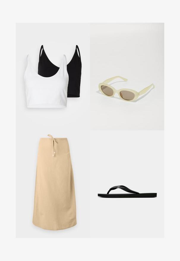 Divi kokvilnas topi baltā un melnā krāsā. Katram ir dziļa kakla izgriezuma forma un plānas plecu siksnas, ar gludu, mīkstu tekstūru.; Melnas mežģīnes tops ar bezplecu kakla izgriezumu, garām zvanu piedurknēm un viļņotām malām. Visā virsmā ir reljefs ziedu raksts.; Bēša linu svārki ar aukliņu jostu, kas izceļas ar gludu tekstūru un noapaļotu apakšmalu. Papildināti ar nelielām dekoratīvām pērlītēm uz saitēm.; Melna gumijas flip-flop sandaļa ar teksturētu nolaists jostu un vienkāršu plakanā zole, attēlota no sāniem uz vienkārša gaiša fona.; Ovālas saulesbrilles ar caurspīdīgu gaiši dzeltenu rāmi un brūniem stikliem. Iezīmējas ar gludu tekstūru un diskrētām detaļām sānos.