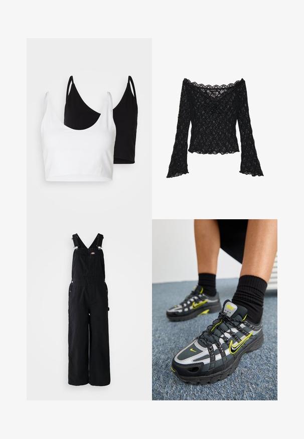 Two cotton crop tops in white and black. Each has a deep neckline and thin shoulder straps, featuring a smooth, soft texture.; Black lace top with off-the-shoulder neckline, long bell sleeves, and scalloped edges. Textured floral pattern throughout.; Black denim overalls with wide legs, adjustable shoulder straps, front pocket, and silver hardware accents. Smooth texture, minimal design.; Black and gray athletic shoes with reflective silver accents, textured mesh panels, and bright yellow detailing. Lace-up design with structured sole.