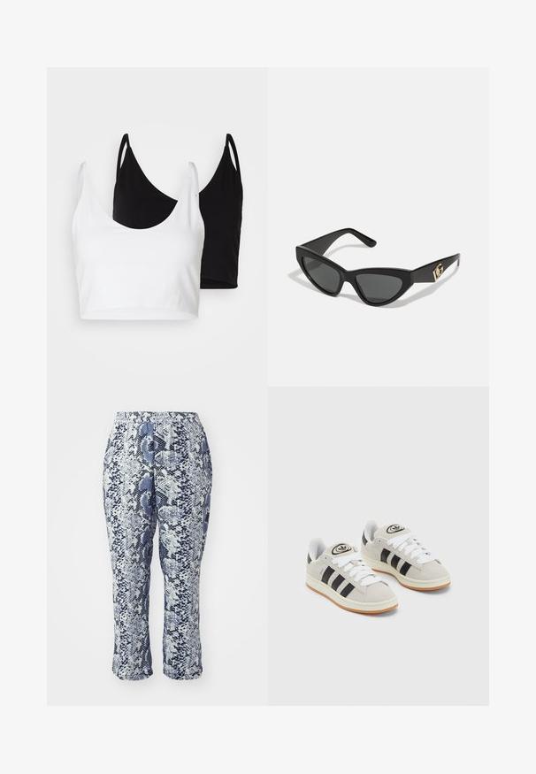 To bomulds crop tops i hvid og sort. Hver har en dyb udskæring og tynde skulderstropper, der har en glat, blød tekstur.; Sort blondelæder bluse med off-the-shoulder halsudskæring, lange klokkeærmer og kante i bølger. Tekstureret blomstermønster over hele blusen.; Blå og hvide slangemønstrede bukser med elastisk talje, skræddersyet pasform og længde til midt på læggen. Stoffet fremstår glat med en subtil glans.; Grå ruskinds sneakers med hvide snørebånd, sorte striber og en hvid gummisål. Har et rundt logo på tungen og en gummisål.; Cat-eye solbriller med en mat sort kunststoframme, mørke linser og en guldfarvet logoaccent på stænger. Vinklet design og glat overflade.