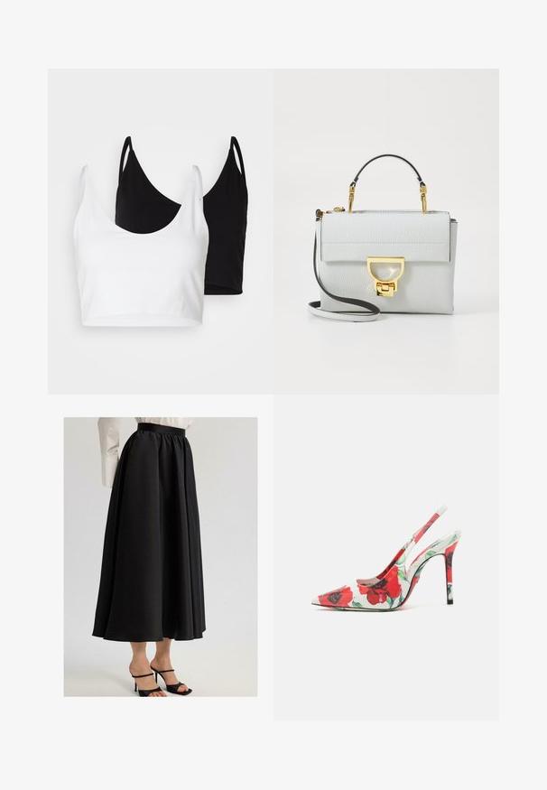 Deux tops courts en coton, l'un blanc et l'autre noir. Chacun a un décolleté plongeant et des fines bretelles, offrant une texture lisse et douce.; Jupe maxi noire en tissu lisse, avec une taille froncée et un design fluide, associée à des talons à lanières noirs.; Chaussure à talon haut avec un bout pointu, surface blanche ornée d'un motif floral rouge et un talon élancé. Fini texturé.; Sac à main structuré gris clair en cuir grainé. Dispose d'un fermoir en ton doré, d'une bandoulière amovible et d'une courte poigne.; Montre en métal carrée avec un bracelet en maillons argentés et dorés. Cadran blanc affichant des index et des aiguilles dorées. Marque à la position de 12 heures.