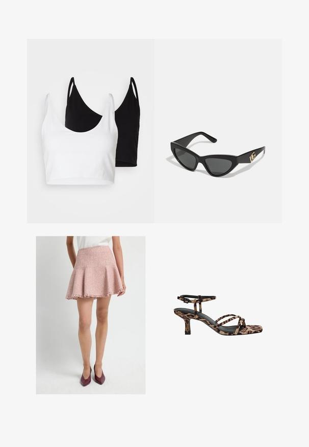 To bomulds crop tops i hvid og sort. Hver har en dyb udskæring og tynde skulderstropper, der har en glat, blød tekstur.; Lys rosa, tekstureret, flagrende nederdel med en frynset kant. Fremstillet af vævet stof, har den en høj talje. Stylet med burgunder hæle.; Sandaler med hæl i leopardmønster og firkantet tå, med flere stropper og en mellemhøj hæl. Fremstillet af blødt tekstilmateriale.; Cat-eye solbriller med en mat sort kunststoframme, mørke linser og en guldfarvet logoaccent på stænger. Vinklet design og glat overflade.; Brun læder crossover taske med logo mønster, guldkæde rem, lynlås lukning og gyldne hardware detaljer. Kompakt og rektangulær form.