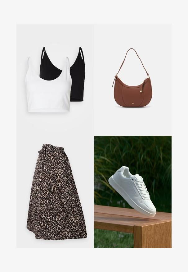 Two cotton crop tops in white and black. Each has a deep neckline and thin shoulder straps, featuring a smooth, soft texture.; Leopard-print maxi skirt in brown and black, made of soft fabric, featuring a tied waistband and pleated design for a flowing silhouette.; White sneaker with a smooth synthetic upper, perforated toe box, flat laces, and a textured sole, displayed on a wooden surface.; Brown faux leather shoulder bag with curved shape, minimal stitching, and a gold-tone hardware accent. Features a top zipper closure and adjustable strap.