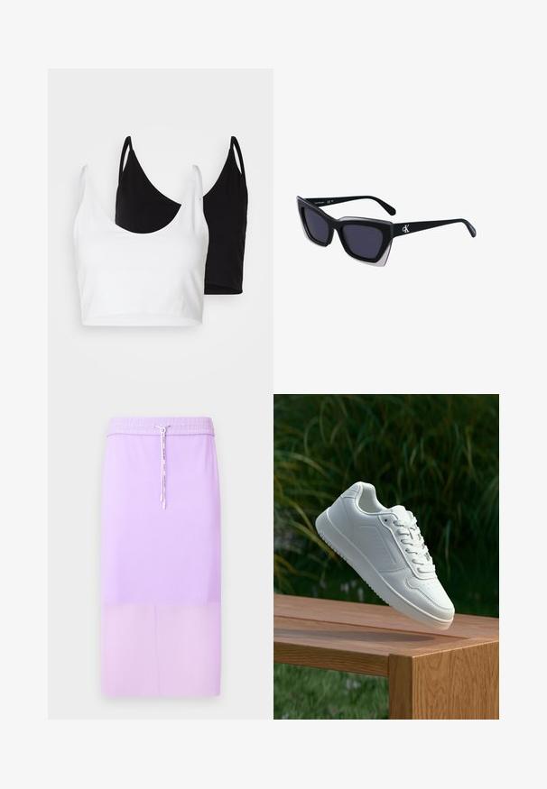 Two cotton crop tops in white and black. Each has a deep neckline and thin shoulder straps, featuring a smooth, soft texture.; Lavender ribbed midi skirt with an elastic waistband and adjustable drawstring. Smooth texture, straight silhouette, and solid color.; White sneaker with a smooth synthetic upper, perforated toe box, flat laces, and a textured sole, displayed on a wooden surface.; Black oversized sunglasses with a geometric shape, featuring dark lenses and a contrasting grey detail on the frame. Logo on the arm.; Brown suede tote bag with a soft texture, featuring a single shoulder strap and a subtle curved top opening. No visible hardware details.