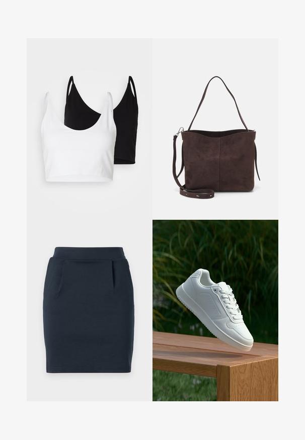 Kaks puuvillast crop topi, valge ja must. Igal on sügav kaelus ja õhukesed õlapaelad, ning need on valmistatud siledast, pehmest materjalist.; Tumedat sinise säbraga venitusmaterjalist seelik, millel on keha lähedane siluett, sile vöökoht ja kaks esist pocketit.; Valged sneakerd, millel on sile sünteetiline ülemine osa, väikeste aukudega varvaskast, lamedad paelad ja tekstuuriga tald, eksponeeritud puidust pinnal.; Pruun nubukist kott pehme tekstuuriga, millel on üks õlavarre rihm ja peene kumer ülemine ava. Nähtavaid metallosi pole.
