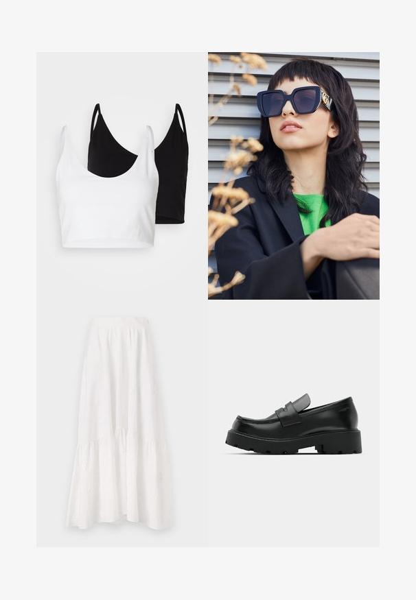 To bomulds crop tops i hvid og sort. Hver har en dyb udskæring og tynde skulderstropper, der har en glat, blød tekstur.; Hvid midi-nederdel lavet af let stof, med et tiered design, subtil blomsterbroderi og en rynket talje.; Sorte læder loafers med en chunky tekstureret sål, der har en rem over vamps og en glat, poleret finish.; Overdimensionerede sorte solbriller med en tyk ramme og guld accenter, båret med en sort blazer og en lys grøn skjorte, mod en horisontal baggrund.