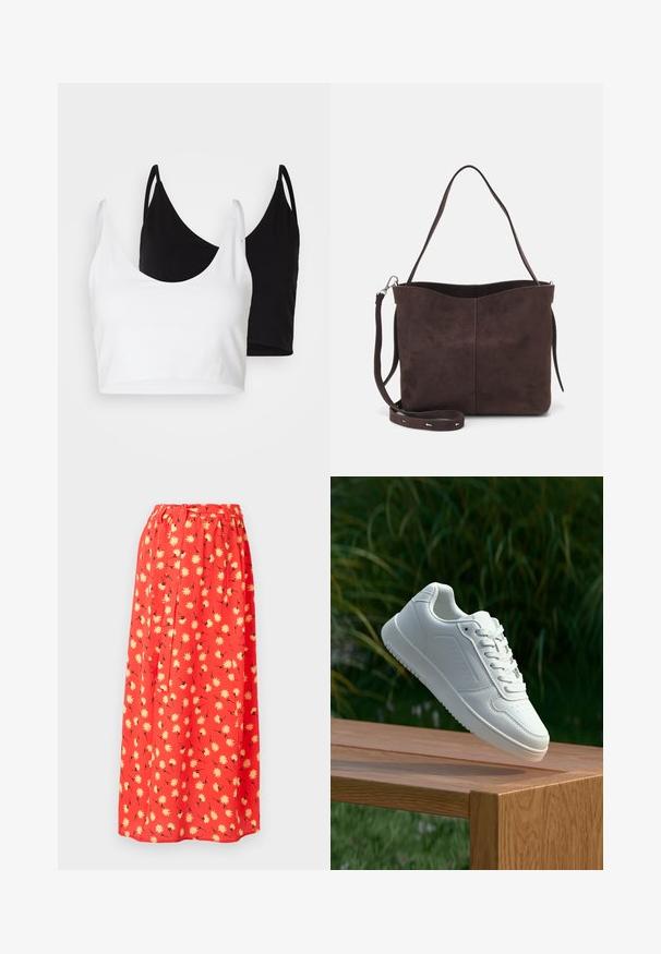 Dois tops de algodão em branco e preto. Cada um tem um decote profundo e alças finas, apresentando uma textura suave e macia.; Saia maxi vermelha feita de tecido leve, com um padrão floral de margaridas amarelas e detalhes em preto. Cintura elástica para maior conforto.; Sapatilha branca com um cabedal sintético liso, caixa dos dedos perfurada, atacadores planos e uma sola texturizada, exposta sobre uma superfície de madeira.; Saco tote em camurça castanha com uma textura suave, apresentando uma única alça de ombro e uma abertura superior levemente curvada. Sem detalhes de hardware visíveis.