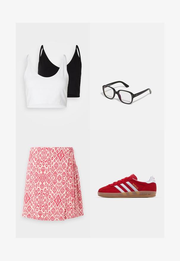 Deux tops courts en coton, l'un blanc et l'autre noir. Chacun a un décolleté plongeant et des fines bretelles, offrant une texture lisse et douce.; Jupe enveloppante en crème avec un motif géométrique rose. Dotée d'un détail de nœud sur le côté et d'un design évasé pour un ajustement décontracté. Texture de tissu lisse.; Basket en daim rouge avec un design à trois rayures blanches et le texte doré "Gazelle". Comprend une semelle en caoutchouc et un talon texturé.; Lunettes noires rectangulaires avec des verres transparents, présentant des bords arrondis et des accents sur les côtés, avec une finition brillante sur la monture et les branches.; Sac fourre-tout en suède brun avec une texture douce, présentant une seule bandoulière et une ouverture supérieure légèrement courbée. Aucun détail de matériel visible.