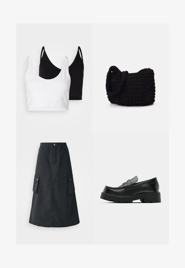 Dois tops de algodão em branco e preto. Cada um tem um decote profundo e alças finas, apresentando uma textura suave e macia.; Saia preta até meio da panturrilha, feita de tecido leve, com um cós elástico, dois bolsos cargo e um brilho subtil.; Sapatos loafers de couro preto com uma sola texturizada grossa, apresentando uma faixa sobre o peito do pé e um acabamento liso e polido.; Saco de tecido preto com um padrão texturizado e acolchoado. Forma arredondada, alças curtas e grossas, e uma estrutura macia e flexível.