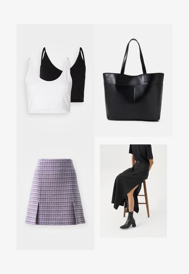 To bomulls t-skjorter i hvit og svart. Hver har en dyp utringning og tynne skulderstropper, med en glatt og myk tekstur.; Lilla tweed skjørt med geometrisk mønster, med en tettsittende midje og to sidesplitter for bevegelse. Teksturert overflate med en strukturert silhuett.; Svart lin maxi skjørt med høyt splitt, brukt med en svart t-skjorte og svarte ankelstøvler. Minimalistisk design med avslappet passform.; Svart lær toteveske med to lange håndtak, en glatt tekstur og en strukturert form. Har en frontlomme for ekstra oppbevaring.