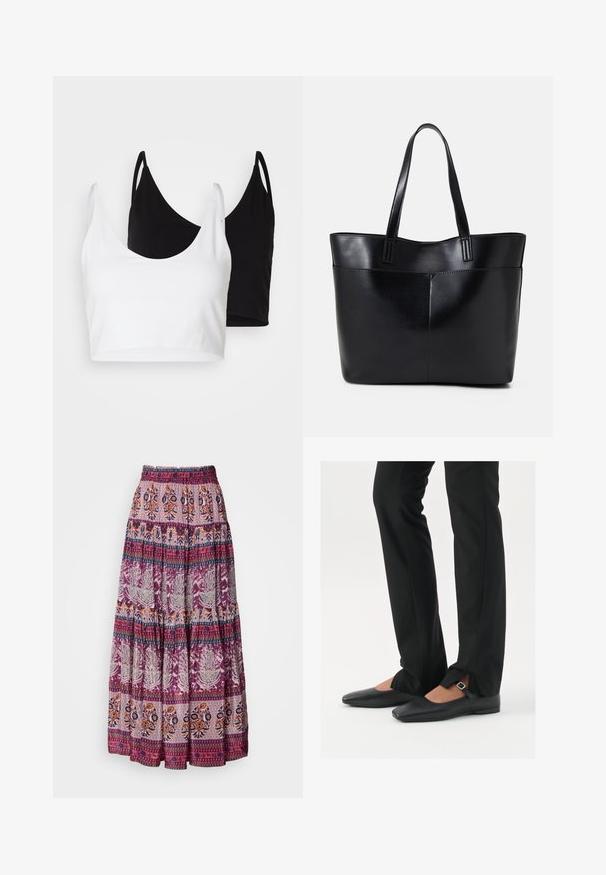 Twee katoenen crop tops in wit en zwart. Elke top heeft een diepe halslijn en dunne schouderbandjes, met een gladde, zachte textuur.; Lange, gelaagde rok gemaakt van lichte stof in tinten paars en oranje, met ingewikkelde bloem- en geometrische patronen door het geheel.; Zwarte leren balletschoenen met een puntige neus, bandje met een zilveren gesp, gecombineerd met zwarte nauwsluitende broek met een zijsplit.; Zwarte leren tote bag met twee lange handvatten, een zachte textuur en een gestructureerde vorm. Voorzien van een voorvak voor extra opslagruimte.