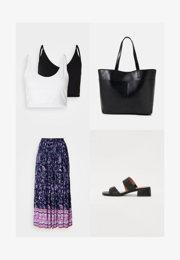 Două topuri din bumbac, unul alb și unul negru. Fiecare are un decolteu adânc și bretele subțiri, având o textură netedă și moale.; Fustă maxi de culoare marină cu un model elaborat de paisley purpuriu; talie elastică și tiv în straturi cu un material floral contrastant la margine.; Sandala din piele neagră cu două curele late peste picior, vârf pătrat și toc mic. Textură netedă și design minimal.; Geantă oversized din piele neagră, cu două mânere lungi, de textură netedă și formă structurată. Are un buzunar frontal pentru stocare suplimentară.