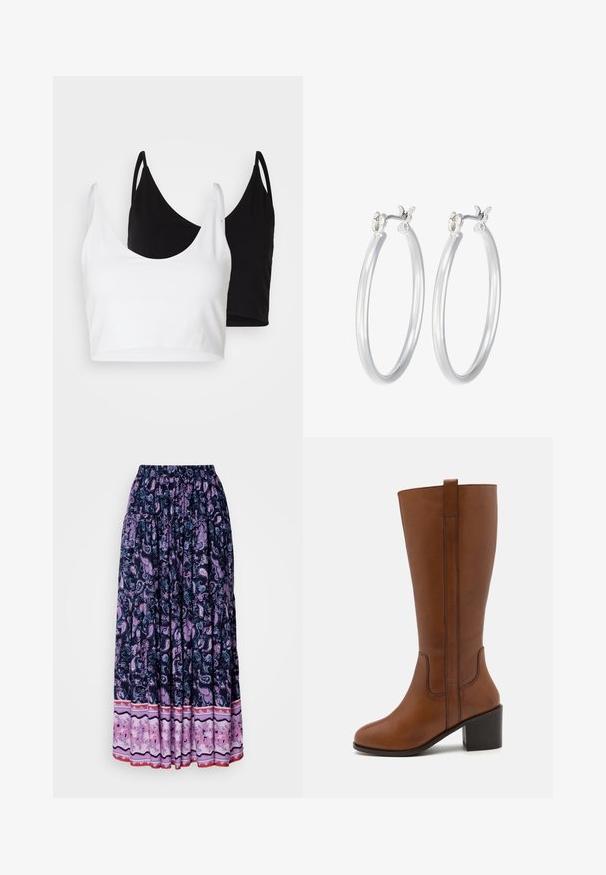 Due top in cotone, uno bianco e uno nero. Ognuno ha un profondo scollo e spalline sottili, con una texture liscia e morbida.; Gonna maxi blu navy con elaborato motivo paisley viola; vita elastica e orlo a strati con tessuto floreale a contrasto nella parte inferiore.; Stivale marrone in pelle fino al ginocchio con punta arrotondata, cuciture laterali e tacco a blocco. Caratterizzato da un pratico linguetta sul retro per facilitare la calzata.; Orecchini a cerchio in argento con una finitura liscia e lucida. Forma rotonda e chiusura a scatto sicura. Design leggero adatto per l'uso quotidiano.
