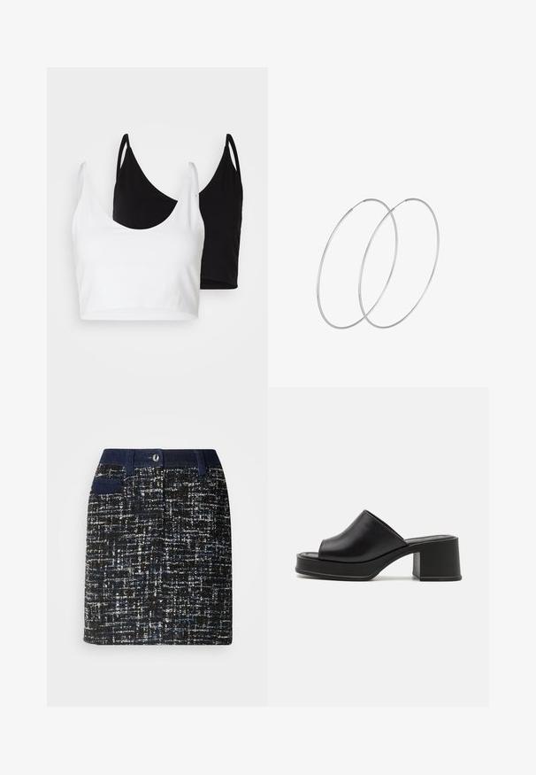 Du dujų medvilnės marškinėliai balti ir juodi. Kiekvienas turi giliai iškirptą iškirptę ir plonas petnešas, pasižyminčius lygiu, švelniu tekstūru.; Juodos spalvos audinių sijonas su mėlynomis ir baltomis dėmėmis. Yra tamsus juosmuo, priekinės kišenės ir tiesus kirpimas. Tekstūruota medžiaga.; Juodi odiniai platforminiai mulesai su suapvalintu atviru pirštu, žemu blokiniu kulnu ir lygiu paviršiumi. Minimalistinis dizainas su elegantiškomis linijomis.; Sidabrinės pusmėnulio auskarai minimalistiniu dizainu. Apskritimo forma, lygus paviršius ir plonas profilis. Lengvi su poliruotu apdailu.