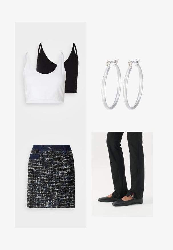 Dva bombažna crop topa v beli in črni barvi. Vsak ima globok izrez in tanke naramnice, ter se ponaša z gladko, mehko teksturo.; Tkanjena krila v črni barvi z modrimi in belimi pikami. Ima temen pas, sprednje žepe in raven kroj. Teksturna tkanina.; Črne usnjene balerinke s koničastim nosom, trak z srebrno zaponko, v kombinaciji s črnimi elegantnimi hlačami z razporkom na robu.; Srebrni obroči za ušesa z gladko, polirano površino. Okrogla oblika in varna zaponka s klikom. Lahka zasnova, primerna za vsakodnevno nošenje.
