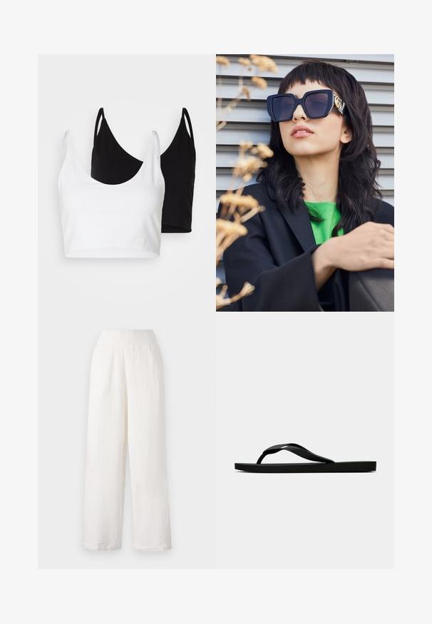Dvě bavlněné crop topy v bílé a černé barvě. Každý má hluboký výstřih a tenké ramínka, s hladkou, měkkou texturou.; Bílé široké kalhoty s texturovanou, mačkanou tkaninou. Obsahují elastický pás a boční kapsy pro snadné použití.; Černé gumové žabky s texturovaným páskem a jednoduchou plochou podrážkou, zobrazené z boku na světlém pozadí.; Příliš velké černé sluneční brýle s tlustým rámem a zlatým akcentem, nošené s černým sako a jasně zelenou košilí, na horizontálním pozadí.