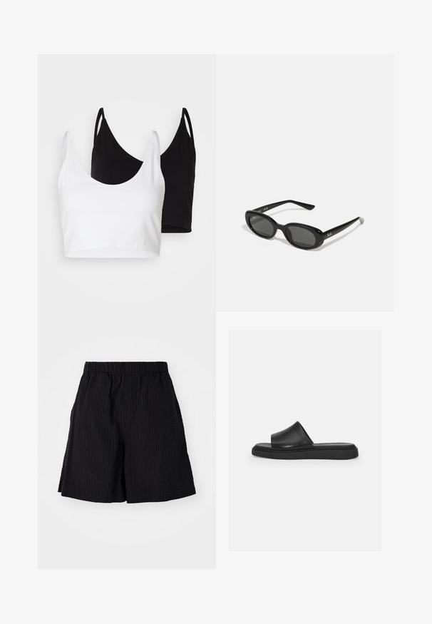 Dos tops de algodón en blanco y negro. Cada uno tiene un escote profundo y tirantes delgados, con una textura suave y lisa.; Shorts negros de tela texturizada con un patrón acanalado. Cuentan con una cintura elástica y un corte relajado. Terminan justo por encima de la rodilla.; Sandalia plana negra con un upper de cuero suave, una banda ancha y una suela de goma plana, que presenta un diseño minimalista y sin herrajes visibles.; Gafas de sol negras con lentes ovalados, marco de plástico brillante y brazos delgados. Presenta el logotipo de Ray-Ban en blanco en el lateral.