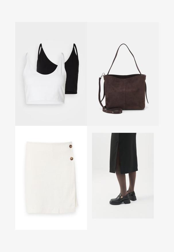 Two cotton crop tops in white and black. Each has a deep neckline and thin shoulder straps, featuring a smooth, soft texture.; White skirt with a textured fabric, featuring a wrap design and two round buttons on the side for fastening.; Black leather shoes with a rounded toe, thick block heel, and elastic side accents, paired with dark tights and a black skirt with a slit.; Brown suede tote bag with a soft texture, featuring a single shoulder strap and a subtle curved top opening. No visible hardware details.