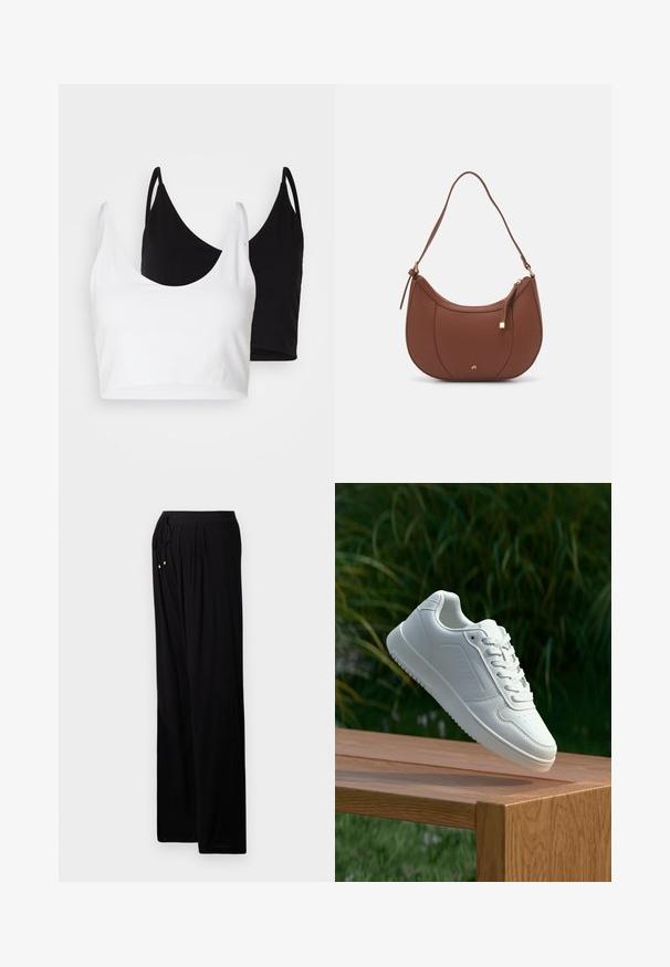 Két pamut crop top fehér és fekete színben. Mindkettő mély nyakkivágással és vékony vállpántokkal rendelkezik, sima, puha textúrával.; Fekete, könnyű anyagú nadrág, laza szabással. Húzózsinóros derékrésze, pliszírozott elemei és arany díszítése van a húzózsinór végén.; Fehér sportcipő sima szintetikus felsőrésszel, perforált lábujjrész, lapos fűzőkkel és texturált talppal, fából készült felületen kihelyezve.; Barna műbőr válltáska ívelt formával, minimális varrással és arany színű kiegészítőkkel. Jellemzője a felső cipzáras záródás és állítható pánt.