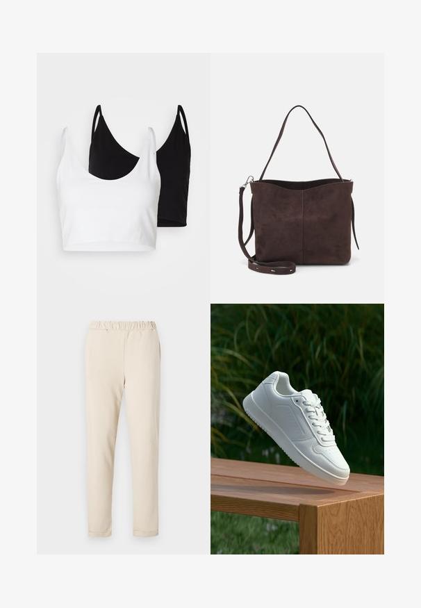 Dwa bawełniane topy w kolorze białym i czarnym. Każdy z nich ma głęboki dekolt i cienkie ramiączka, charakteryzujące się gładką, miękką teksturą.; Beżowe bawełniane spodnie z marszczonym pasem, prostym krojem oraz bez widocznych wzorów, z gładką fakturą i prostym wykończeniem.; Biały sneaker z gładką syntetyczną cholewą, perforowanym noskiem, płaskimi sznurowadłami i teksturowaną podeszwą, wyeksponowany na drewnianej powierzchni.; Brązowa surowa torba na ramię o miękkiej fakturze, z pojedynczym paskiem na ramię i subtelnym, zakrzywionym otwarciem u góry. Brak widocznych detali metalowych.