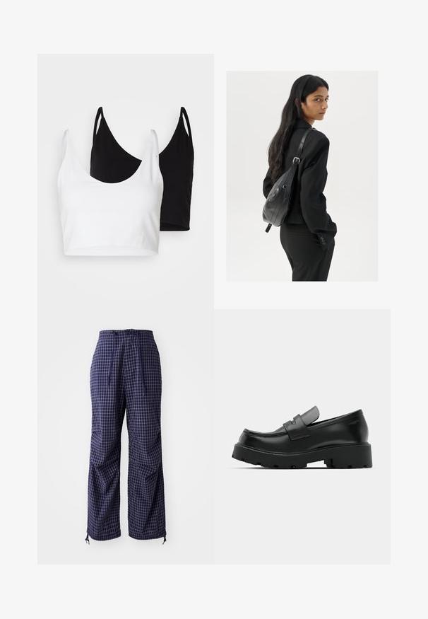 Kaks puuvillast crop topi, valge ja must. Igal on sügav kaelus ja õhukesed õlapaelad, ning need on valmistatud siledast, pehmest materjalist.; Tumed ruudulised püksid, lõdva istumisega, nööriga vöökoht, elastsed kummipaelad ja kerge kangast tekstuur. Uudseks on väiksed sõlmekaunistused.; Mustad nahast loafers, millel on tükiline tekstureeritud tald, vampi kohal rihm ja sile, läikiv viimistlus.; Pikkade tumehaired naine mustas ülikonnas, kandes musta nahast õlakotti, vaatab üle õla valge tausta taustal.
