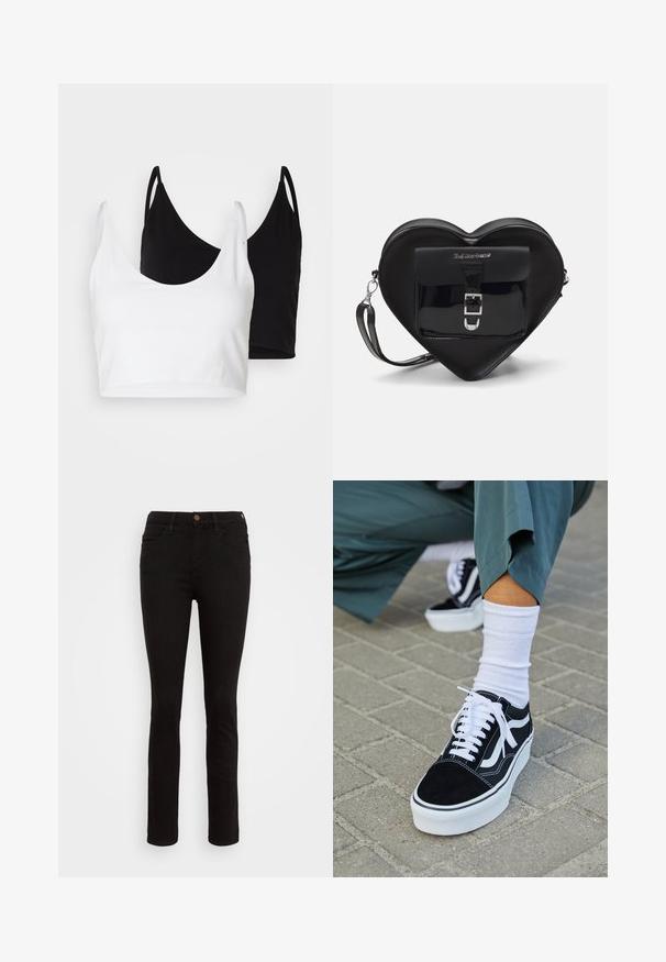Dos tops de algodón en blanco y negro. Cada uno tiene un escote profundo y tirantes delgados, con una textura suave y lisa.; Vaqueros de mezclilla negra con un diseño ajustado, estilo de cinco bolsillos y un solo botón marrón en la cintura. Textura suave, pierna recta.; Zapatillas de ante negro con acentos y cordones blancos, que cuentan con una gruesa suela blanca y costuras en contraste, combinadas con un calcetín blanco.; Bolso negro con forma de corazón, hecho de cuero ecológico, con un bolsillo frontal que presenta un cierre de hebilla y una correa desmontable. Detalles en metal plateado.