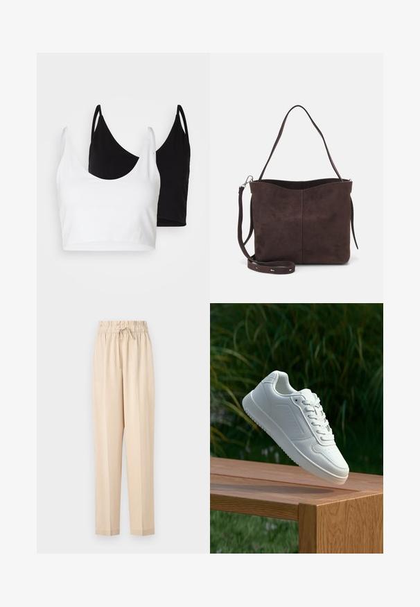 Divi kokvilnas topi baltā un melnā krāsā. Katram ir dziļa kakla izgriezuma forma un plānas plecu siksnas, ar gludu, mīkstu tekstūru.; Beige, viegli krēmkrāsas bikses ar elastīgu jostu, auklas detaļu un taisnu kāju dizainu. Gluda tekstūra, minimālistisks stils.; Baltie sporta apavi ar gludu sintētisku augšpusi, perforētu pirkstu daļu, plakani šņorēm un rakstainu zoli, novietoti uz koka virsmas.; Brūns zamšādas roku soma ar mīkstu tekstūru, aprīkota ar vienu plecu siksnu un nelielu izliekta augšējā atvēruma dizainu. Nav redzamu metāla detaļu.