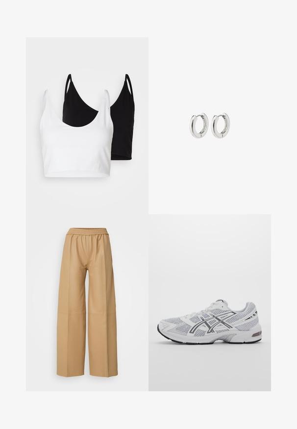 Deux tops courts en coton, l'un blanc et l'autre noir. Chacun a un décolleté plongeant et des fines bretelles, offrant une texture lisse et douce.; Pantalons larges en simili cuir beige avec une taille élastique et des coutures verticales, présentant une texture lisse et mate.; Basket de sport en mesh blanc avec des accents gris, un design structuré, un système de laçage, un col rembourré et une semelle en caoutchouc pour l'adhérence.; Boucles d'oreilles en argent avec une finition polie, présentant un design circulaire et des charnières sans soudure, affichant une texture lisse.
