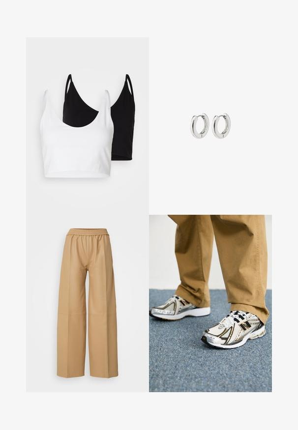 Dos tops de algodón en blanco y negro. Cada uno tiene un escote profundo y tirantes delgados, con una textura suave y lisa.; Pantalones anchos de imitación de cuero beige con una cintura elástica y detalles de costura vertical, presentando una textura suave y mate.; Zapatillas New Balance en blanco y plata con detalles y cordones en negro, que presentan una parte superior de malla, suela acolchada y un diseño dinámico.; Pendientes de aro de plata con un acabado pulido, que presentan un diseño circular y bisagras sin costuras, exhibiendo una textura suave.