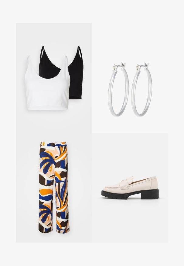 To bomulds crop tops i hvid og sort. Hver har en dyb udskæring og tynde skulderstropper, der har en glat, blød tekstur.; Bredde benbukser i et flerfarvet mønster med nuancer af blå, orange og brun. Lavet af letvægtsstof med abstrakte blomsterdesigns.; Lys beige læder loafers med en syet front og en tekstureret sort platformhæl. Har et buet design og en let hævning.; Sølv hoop øreringe med en glat, poleret overflade. Rund form og sikker klik-lukning. Letvægtsdesign, der er velegnet til hverdagsbrug.