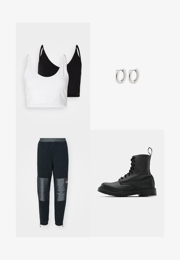 Dva pamukasta crop topa u bijeloj i crnoj boji. Svaki ima dubok izrez i tanke naramenice, s glatkom, mekanom teksturom.; Crne flis hlače s teksturiranim panelima sprijeda, s elastičnim pojasom i manžetama. Uključuju detalj s logotipom na području bedra.; Crne kožne vojničke čizme s okruglim vrhom, vezicama sprijeda i petljom na gležnju. Imaju gusti gumeni potplat za izdržljivost.; Srebrne kružne naušnice s poliranim završetkom, koje imaju kružni dizajn i bešavne šarke, prikazujući glatku teksturu.