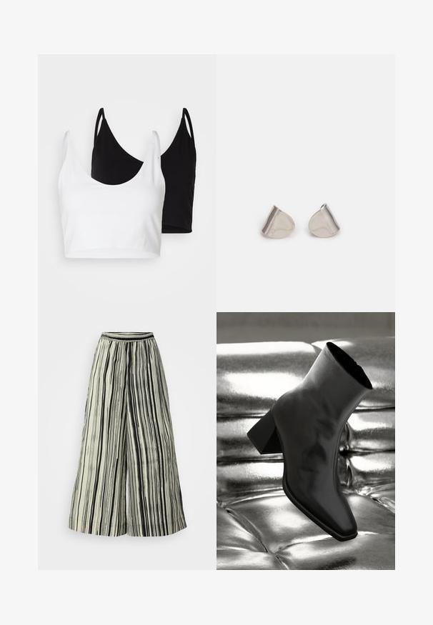 Két pamut crop top fehér és fekete színben. Mindkettő mély nyakkivágással és vékony vállpántokkal rendelkezik, sima, puha textúrával.; Tejfehér, széles lábú nadrág függőleges fekete csíkokkal. Rugalmas derékrésszel és puha anyagtextúrával rendelkezik, ami légies sziluettet alkot.; Fekete bokacsizma fényes anyagból, négyzetes orral és szűkített sarkú, egy csillogó ezüst kárpitozott háttér előtt.; Ezüst fém fülbevalók sima, csepp alakú formával és fényes felülettel. Finom gravírozások teszik részletessé. Minimalista dizájn.