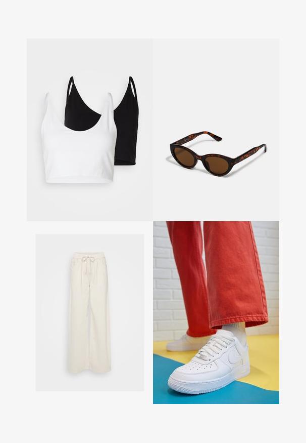 Kaks puuvillast crop topi, valge ja must. Igal on sügav kaelus ja õhukesed õlapaelad, ning need on valmistatud siledast, pehmest materjalist.; Kreemikaalused laiad püksid, mis on valmistatud pehmest kangast, elastse vöökoha ja nööriga. Omavad kahte küljekotti.; Valge nahast tennis, millel on perforeeritud varvas, tekstureeritud tallad ja valged shoelaces, kombineeritud laia punase pükste ja sinise ning kollase taustaga.; Pruunid kilpkonnamustriga päikeseprillid, mille vintage-kassikujuline kuju ja pruunid läätsed. Omavad kaardus varsi punaste aktsentidega.; Must värvi hobo kott, mis on valmistatud siledast nahataolisest materjalist, keeratud käepidemega, pehme ja ümar kuju ning ülemise tõmblukuga sulgur.; Kuldne rõngassõrmused sileda ja läikiva viimistlusega. Ringikujuline disain, millel on väike post ja selge tagumine külg, et tagada kindel kandmine.