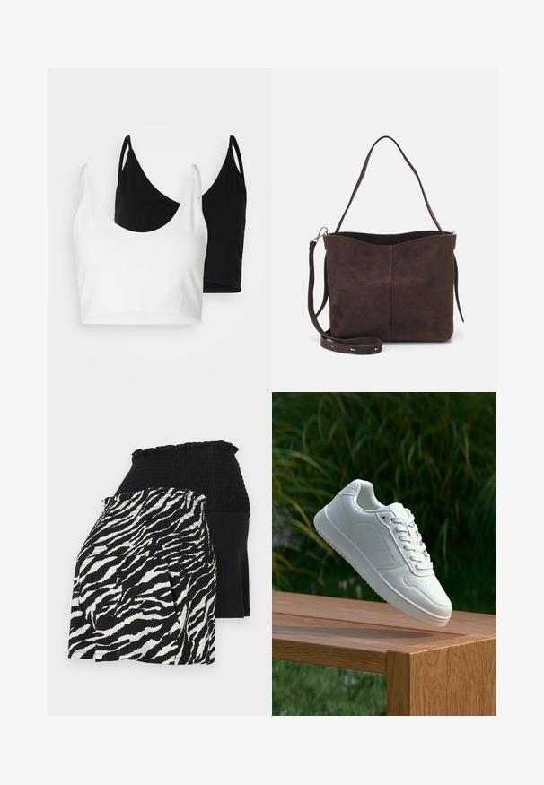 Twee katoenen crop tops in wit en zwart. Elke top heeft een diepe halslijn en dunne schouderbandjes, met een gladde, zachte textuur.; Zwart-witte gelaagde shorts met een elastische tailleband, de ene kant met een zebra-patroon en de andere kant in effen zwart stof.; Witte sneaker met een gladde synthetische bovenkant, geperforeerde neus, platte veters en een gestructureerde zool, tentoongesteld op een houten oppervlak.; Bruine suède schoudertas met een zachte textuur, voorzien van een enkele schouderband en een subtiele, gebogen bovenopening. Geen zichtbare hardwaredetails.