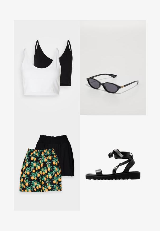 Kaksi puuvillapaitaa valkoisena ja mustana. Kummassakin on syvä kaula-aukko ja ohuet olkaimet, ja ne ovat sileitä sekä pehmeitä.; Mustat ja kuviolliset shortsit; mustat, joiden pinta on sileä, oranssit kuviolliset, joissa on vihreitä lehtiä ja kirkkaita oransseja hedelmiä.; Mustat sandaalit, joissa on teksturoitu pohja, ohuet hihnat ja solmittu muotoilu. Valmistettu silkkisestä materiaalista, moderni muoto ja avonaiset varpaat.; Mustat aurinkolasit, joissa on ovaalit linssit, tummat sävygradientit ja kapeat varret, joissa on hienovaraiset kultaiset yksityiskohdat. Sileä muovipinta.