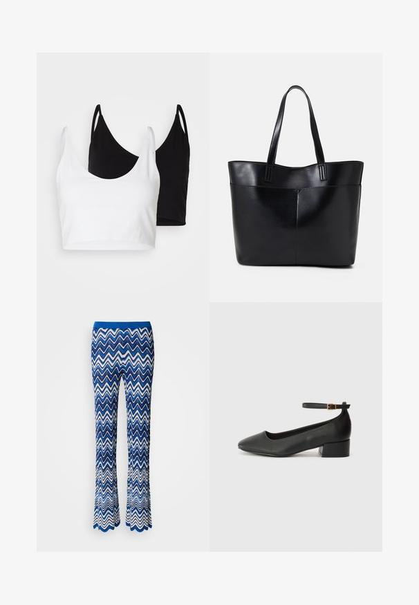 Dva bombažna crop topa v beli in črni barvi. Vsak ima globok izrez in tanke naramnice, ter se ponaša z gladko, mehko teksturo.; Blaava in bele hlače s cik-cak vzorcem, razširjene spodaj, narejene iz teksturiranega, lahkega blaga z kontrastnim modrim elastičnim pasom.; Črne usnjene pumpice z nazobčanimi prsti in nizko blokasto peto. Imajo trak okoli gležnja z zaponko v zlatem tonu. Gladka tekstura.; Črna usnjena torba z dvema dolgima ročajema, gladko teksturo in strukturirano obliko. Ima sprednji žep za dodatno shranjevanje.