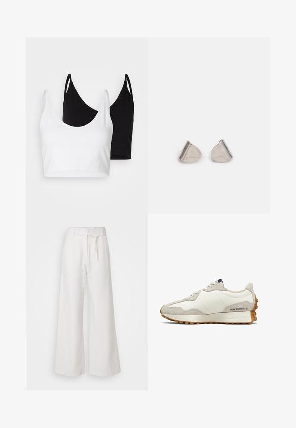 To bomulds crop tops i hvid og sort. Hver har en dyb udskæring og tynde skulderstropper, der har en glat, blød tekstur.; DAY Birger et Mikkelsen TERRI SOLID - Bukser - cloud cream; Hvid og beige sneaker med overdel i glat læder og ruskindsdetaljer. Har runde snørebånd, en polstret sål og en tekstureret gummiydersål.; Sølv metal øreringe med en glat, tåreformet form og en poleret overflade. Diskrete graveringer tilføjer detaljer. Minimalistisk design.
