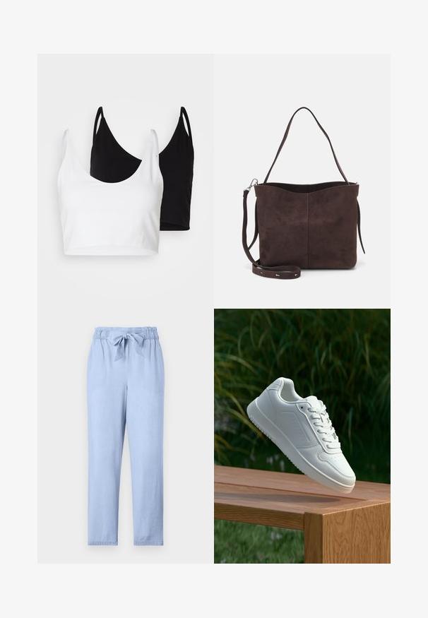 Dois tops de algodão em branco e preto. Cada um tem um decote profundo e alças finas, apresentando uma textura suave e macia.; Calças azul claro feitas de um tecido suave com uma cintura elástica, detalhe de cordão e um corte descontraído. Pernas retas sem embellishments adicionais.; Sapatilha branca com um cabedal sintético liso, caixa dos dedos perfurada, atacadores planos e uma sola texturizada, exposta sobre uma superfície de madeira.; Saco tote em camurça castanha com uma textura suave, apresentando uma única alça de ombro e uma abertura superior levemente curvada. Sem detalhes de hardware visíveis.