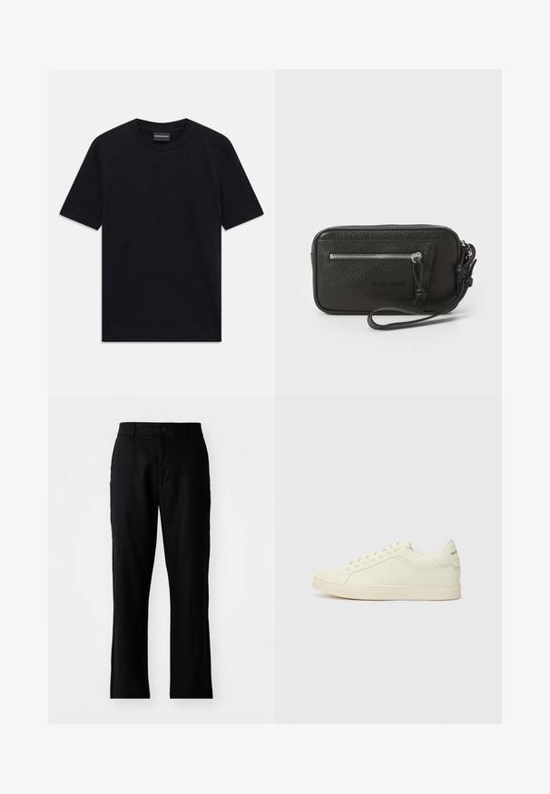 Melnā T-kreklā ar īsām piedurknēm, apaļo kakla izgriezumu, ar smalku reljefu rakstu un zīmola etiķeti iekšpusē kaklā, novietots uz baltas virsmas.; Melni lina bikses ar taisnu piegriezumu, kas aprīkotas ar pogu aizdari un bez redzamām rakstu apdrukām, gluda tekstūra un standarta kabatām.; Balti ādas sporta apavi ar minimālistisku dizainu, teksturētu augšdaļu un noapaļotu purngali. Iekļauj gumijas zoli un diskrētu zīmolu uz papēža.; Melnas ādas clutch soma ar teksturētu virsmu, priekšējo rāvējslēdzēja kabatu un noņemamu roku siksnu. Iekļauts logotipa uzlikums priekšpusē. Taisnstūra forma.