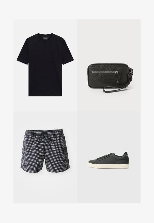 Zwarte T-shirt met korte mouwen en ronde hals met een subtiele reliëfpatroon en merklabel in de kraag, plat gelegd op een witte achtergrond.; Zwarte zwembroek met een wit cirkelvormig patroon, elastische tailleband met een trekkoord en een losse pasvorm voor comfort.; Zwarte leren sneaker met een laag profiel, ronde neus en vetersluiting; beschikt over een getextureerde rubberen zool en logo-detail op de hiel.; Zwarte leren clutch met een gestructureerd oppervlak, voorzak met rits en een afneembare polsband. Beschikt over een logo-opdruk aan de voorkant. Rechthoekige vorm.