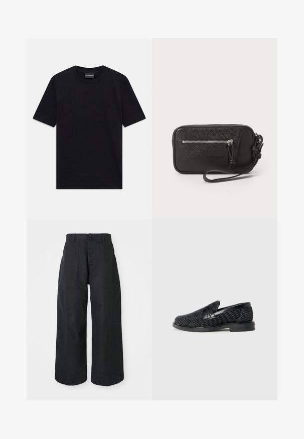 Zwarte T-shirt met korte mouwen en ronde hals met een subtiele reliëfpatroon en merklabel in de kraag, plat gelegd op een witte achtergrond.; Zwarte wijde broek van canvasmateriaal met een knoopsluiting, voorzien van twee voorzakken en een ontspannen pasvorm.; Zwartegeweven instap schoenen met een glad leren accent aan de bovenkant, een ronde neusontwerp en een laag profiel rubberen zool.; Zwarte leren clutch met een gestructureerd oppervlak, voorzak met rits en een afneembare polsband. Beschikt over een logo-opdruk aan de voorkant. Rechthoekige vorm.