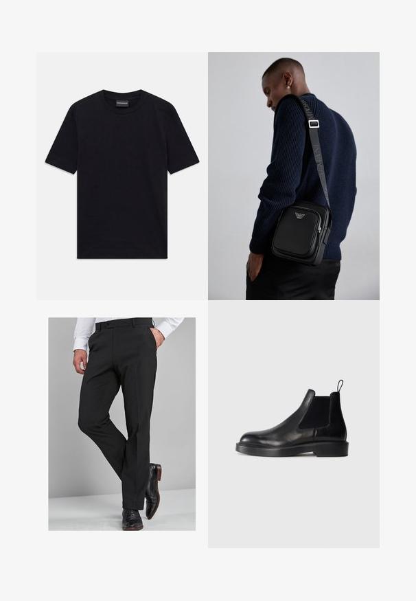 Črna kratka majica s kratkimi rokavi in okroglim izrezom z diskretnim embossanim vzorcem in oznako blagovne znamke znotraj ovratnika, razporejena na beli podlagi.; Črne službene hlače s strnjeno prilegajočim krojem, ki imajo gladko teksturo, ravne noge in zanke za pas, v kombinaciji s poliranimi črnimi službenimi čevlji.; Črne usnjene Chelsea škornje z elastičnimi stranskimi paneli, zaobljenim prstom, ravnim gumijastim podplatom in zanko na zadnjem delu. Gladka tekstura.; Črna usnjena torba čez ramo z zadrgo, detajlom logotipa in nastavljivim trakom s znamko. Nosi se ob teksturirani mornarsko modri pulover.