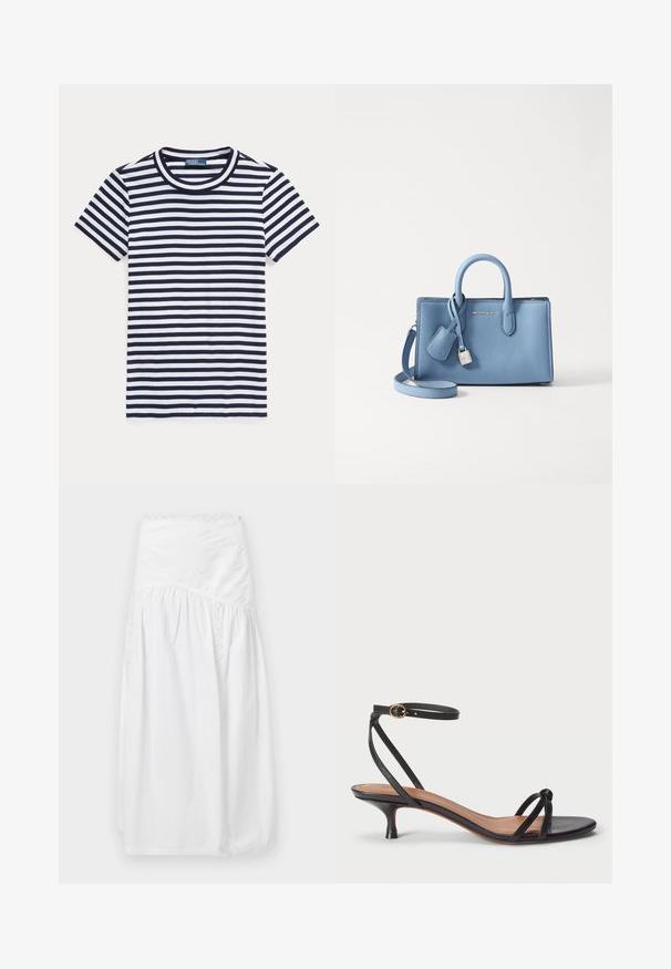Pruhované tričko v námorníckej modrej a bielej farbe, krátke rukávy, okrúhly výstrih, vyrobené z bavlny, s rovnomerne rozmiestnenými vodorovnými pruhmi.; sandro JUPE - Maxisukňa - blanc; Polo Ralph Lauren LEATHER KITTEN-HEEL SANDAL - Klasické lodičky na opätku - black; Svetlomodrá kožená kabelka s dvojitými uchami, odnímateľným ramenným popruhom a detailom zámku a štítku v striebornom tóne. Hladký povrch.