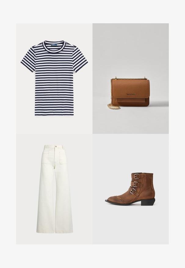 Striped t-shirt in navy blue and white, short sleeves, round neckline, cotton material, features evenly spaced horizontal stripes.; Wide-leg jeans in off-white denim. High-waisted design with a button closure, two front pockets, and contrast stitching details.; Brown leather ankle boots featuring three silver buckles, pointed toe, and decorative stitching along the sides. Low block heel.; Brown textured leather crossbody bag with gold chain strap and flap closure. Front features logo detail and a pocket under the flap.